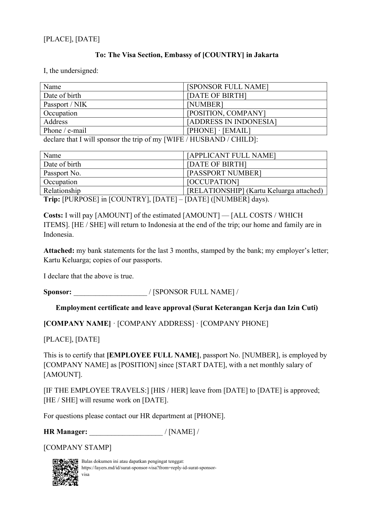 Surat sponsor visa: first page