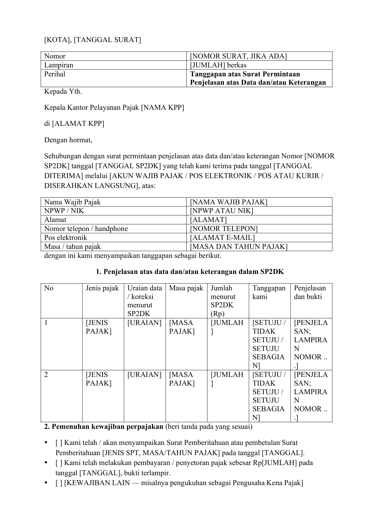 Surat tanggapan SP2DK: first page