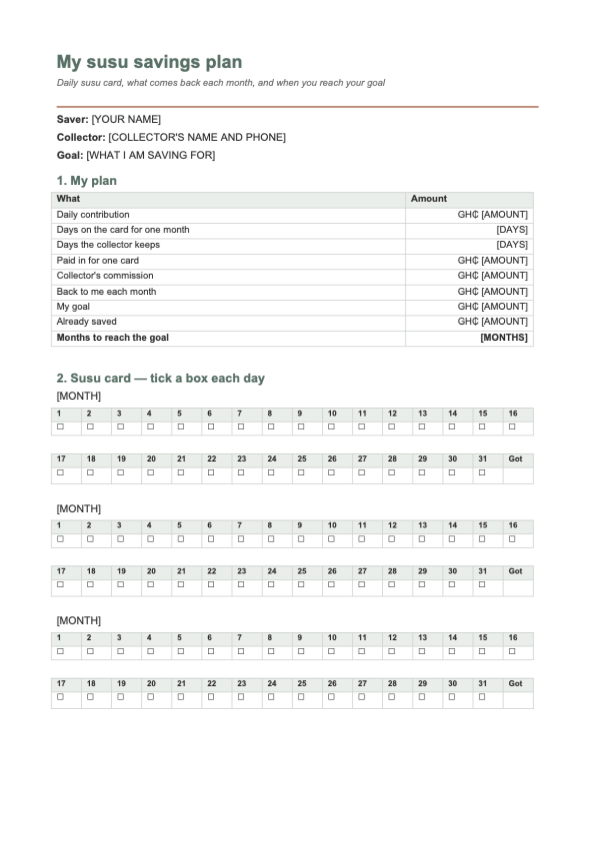 Susu savings plan: first page