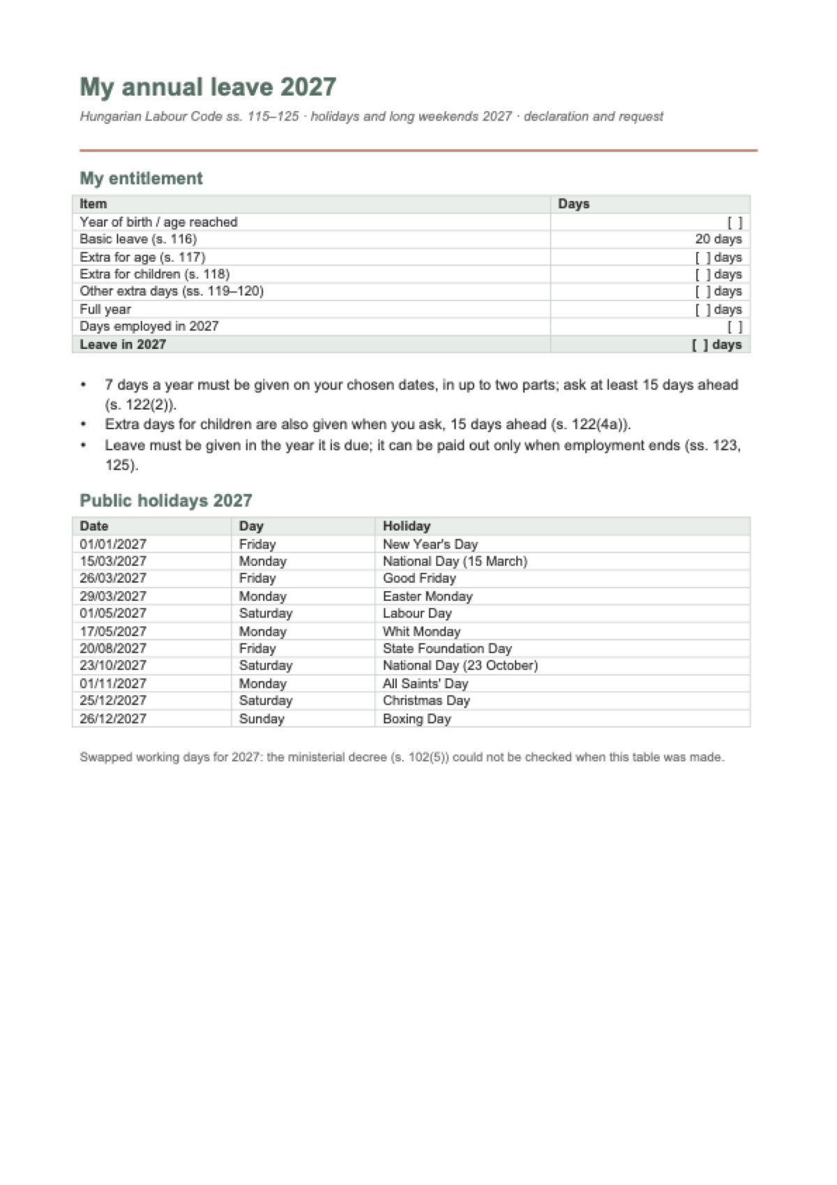 Annual leave calculator for Hungary 2027: first page
