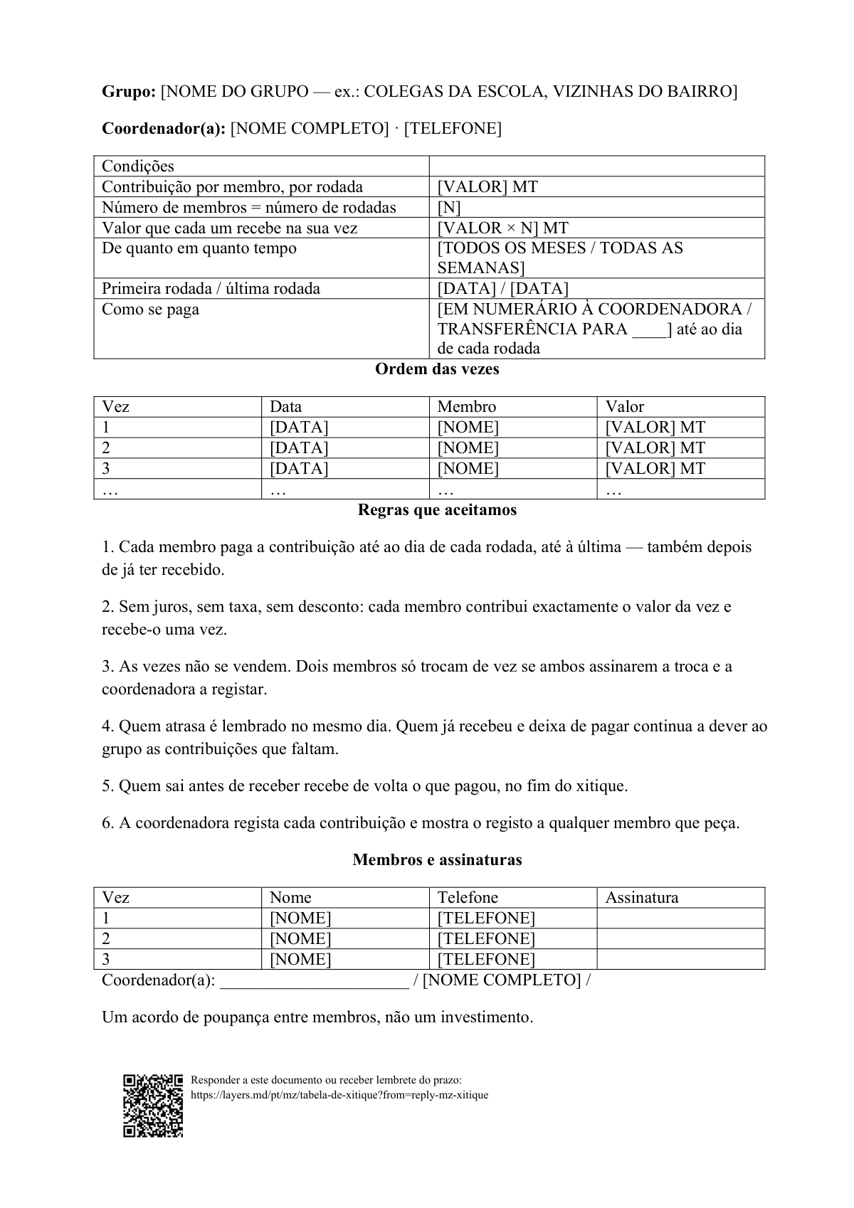 Tabela de xitique: first page