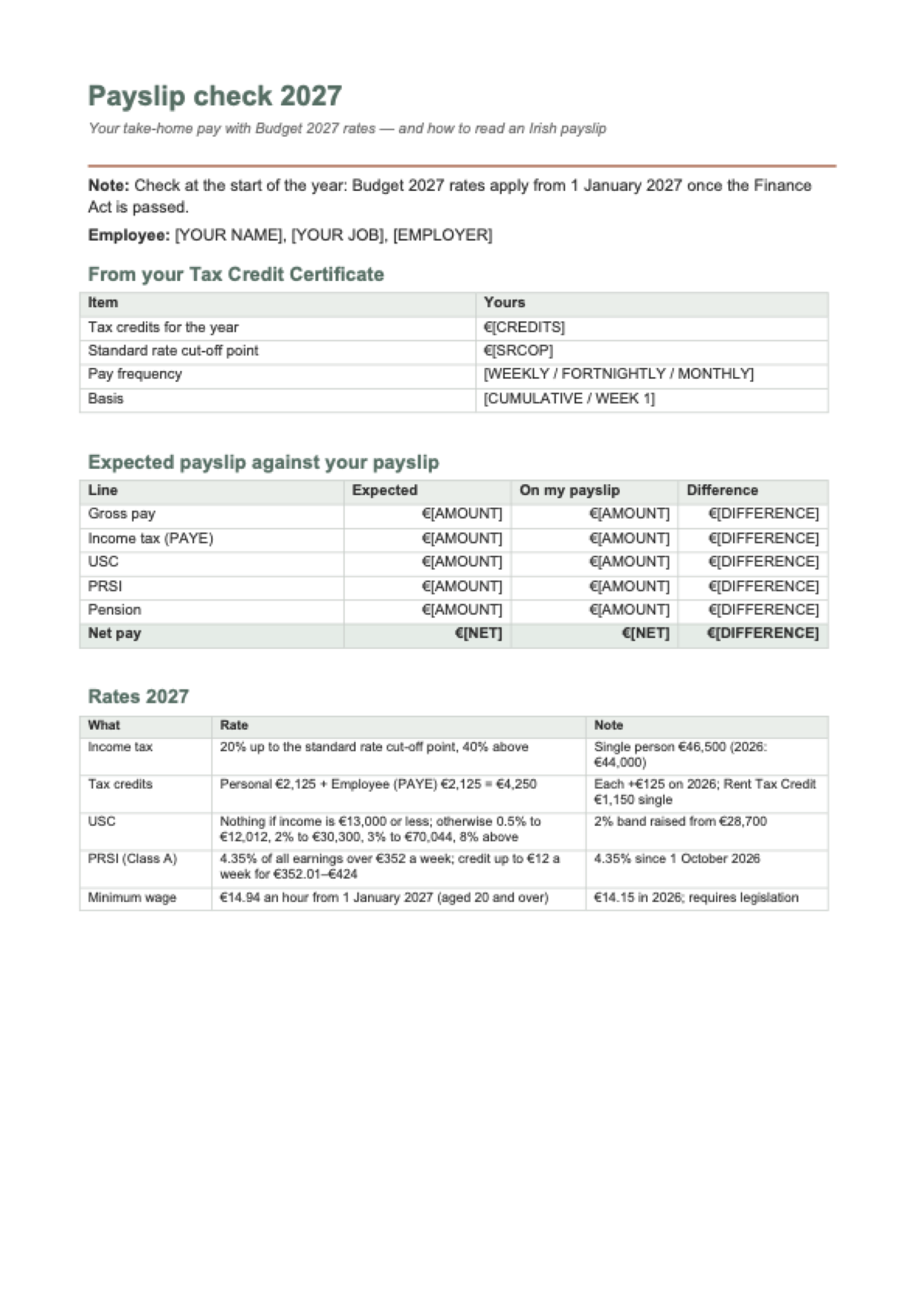 Take home pay calculator Ireland 2027: first page