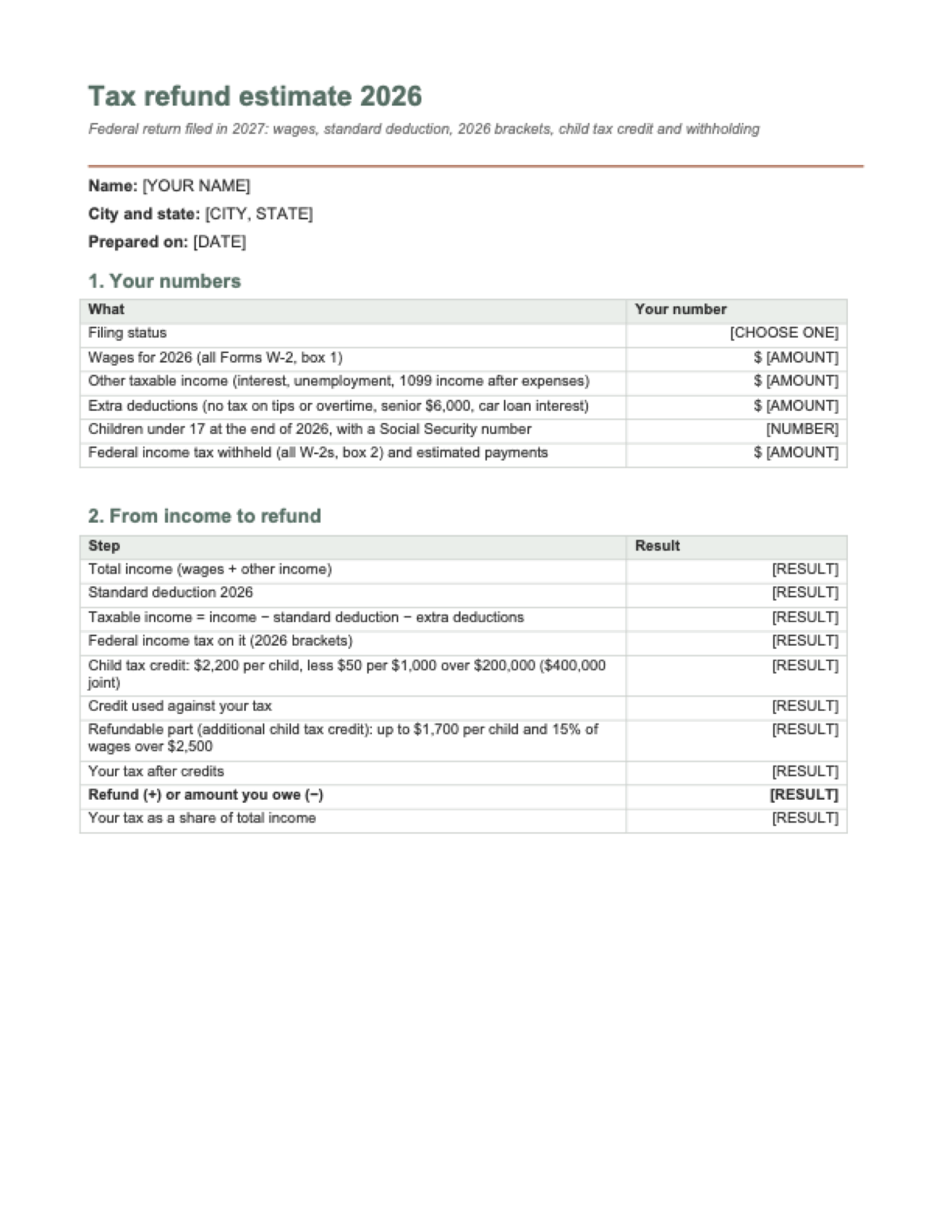 Tax refund estimator 2026: first page