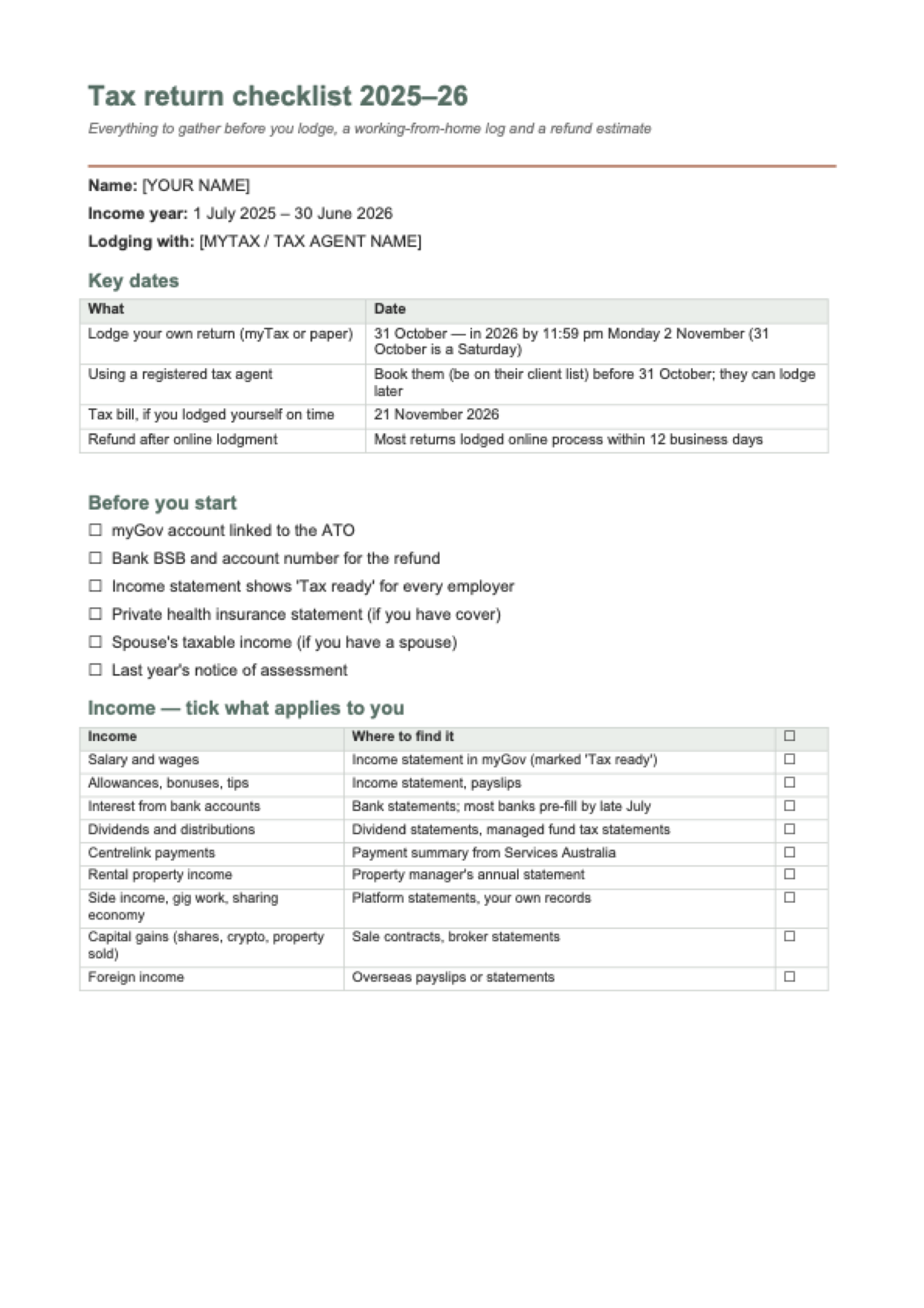 Tax return checklist 2026: first page