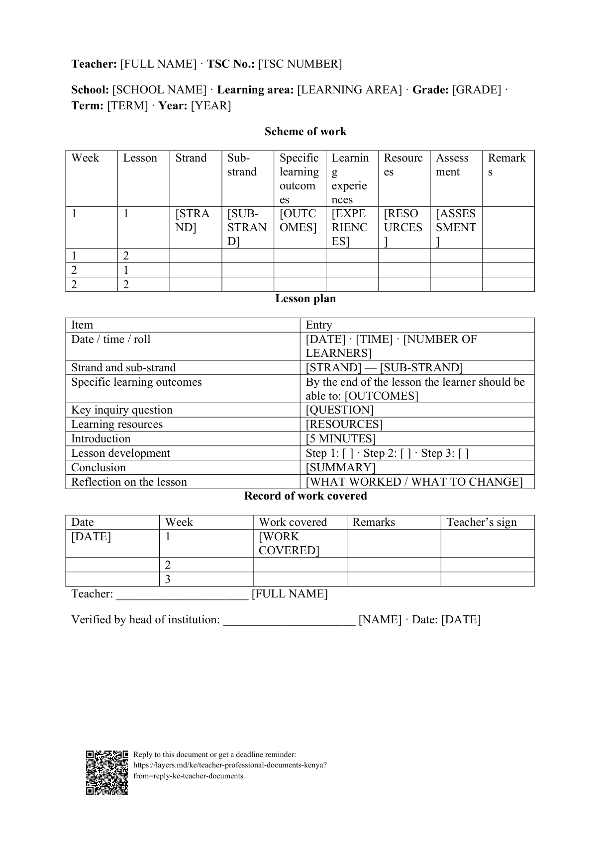 Schemes of work: first page