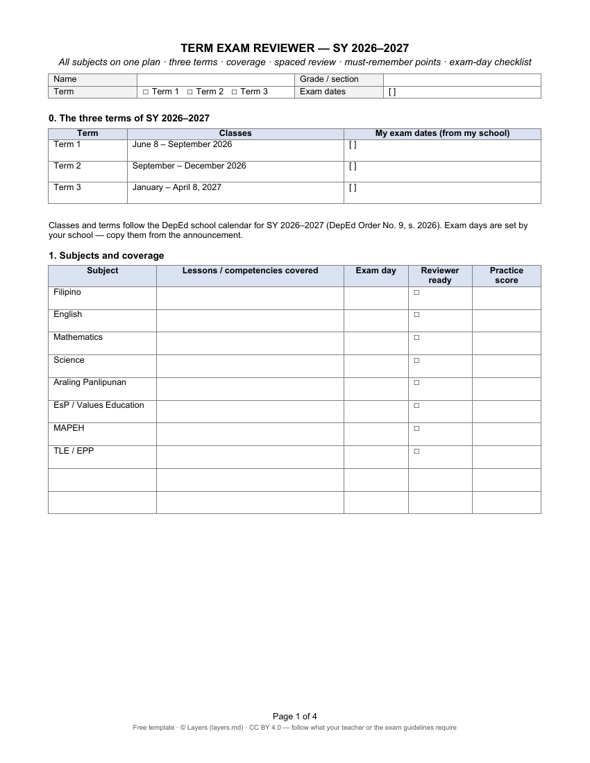Term exam plan — all subjects: first page