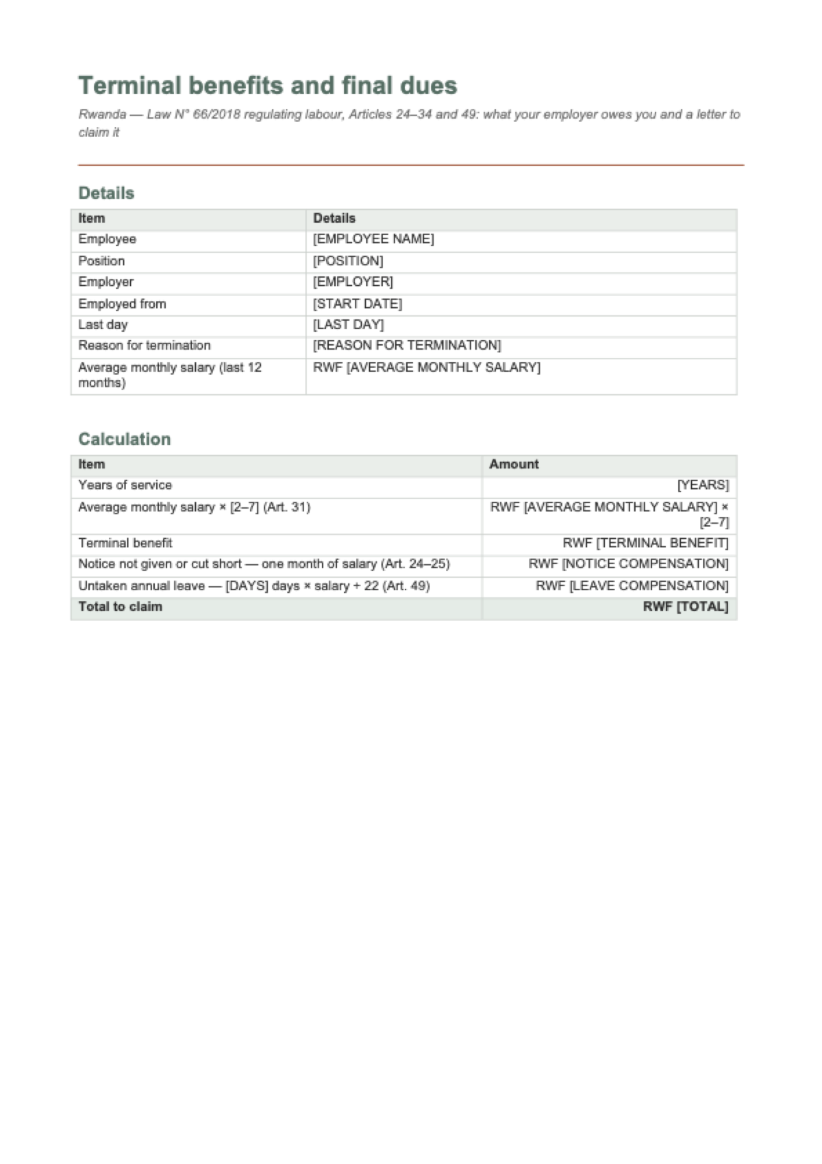 Terminal benefits in Rwanda: first page