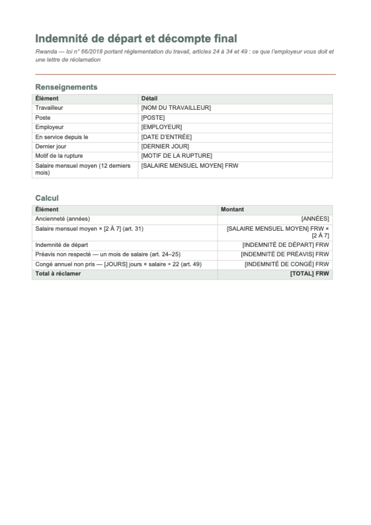 Indemnité de départ au Rwanda: first page