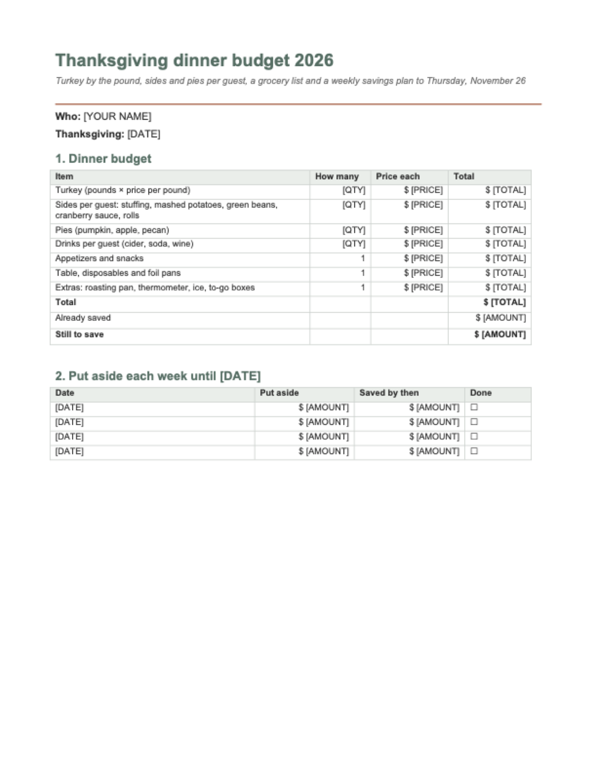 Thanksgiving dinner budget: first page