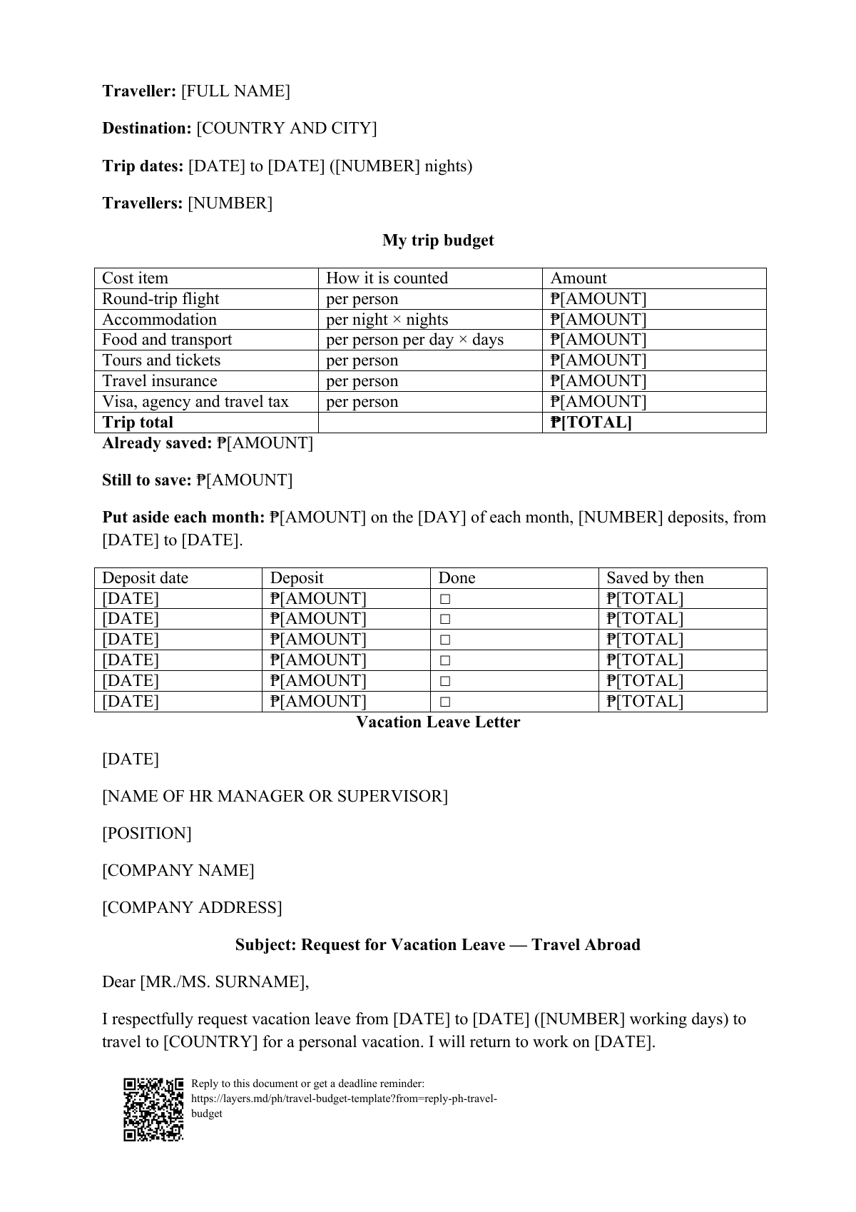 Travel budget template: first page