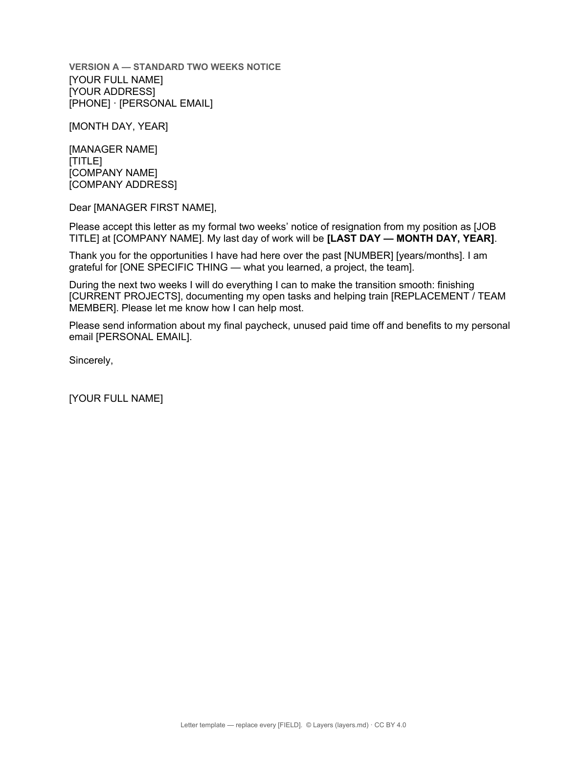 Two weeks notice letter template: first page