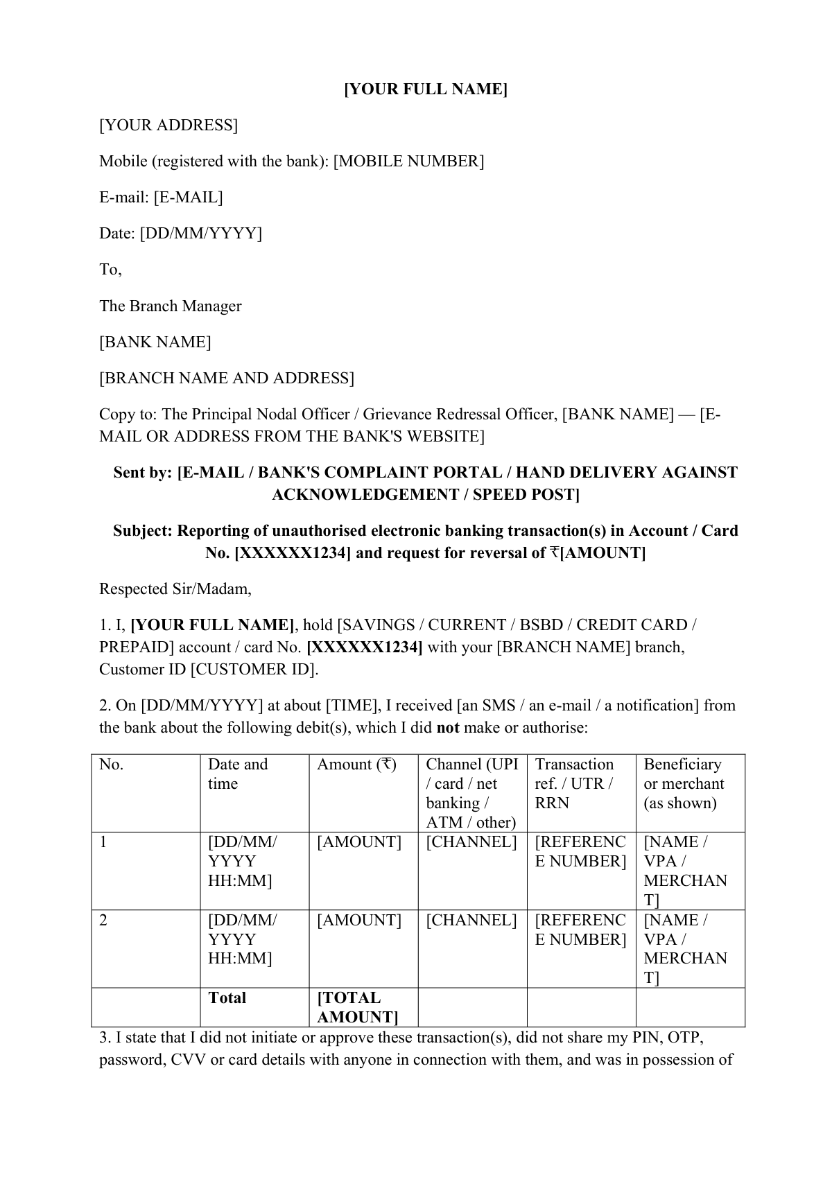 Complaint letter to bank for unauthorised transaction: first page