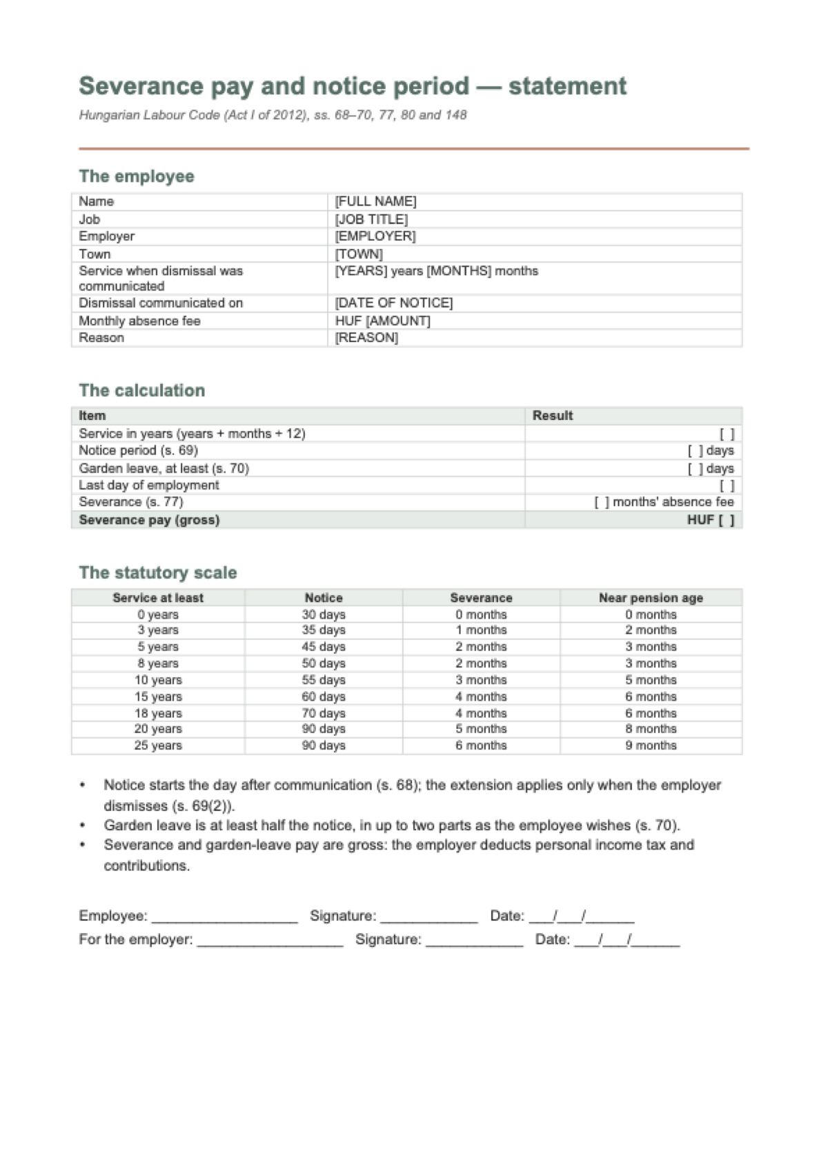 Severance pay calculator for Hungary: first page