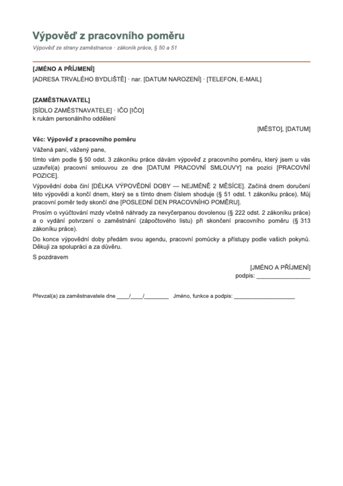Výpověď ze strany zaměstnance — vzor 2026: first page