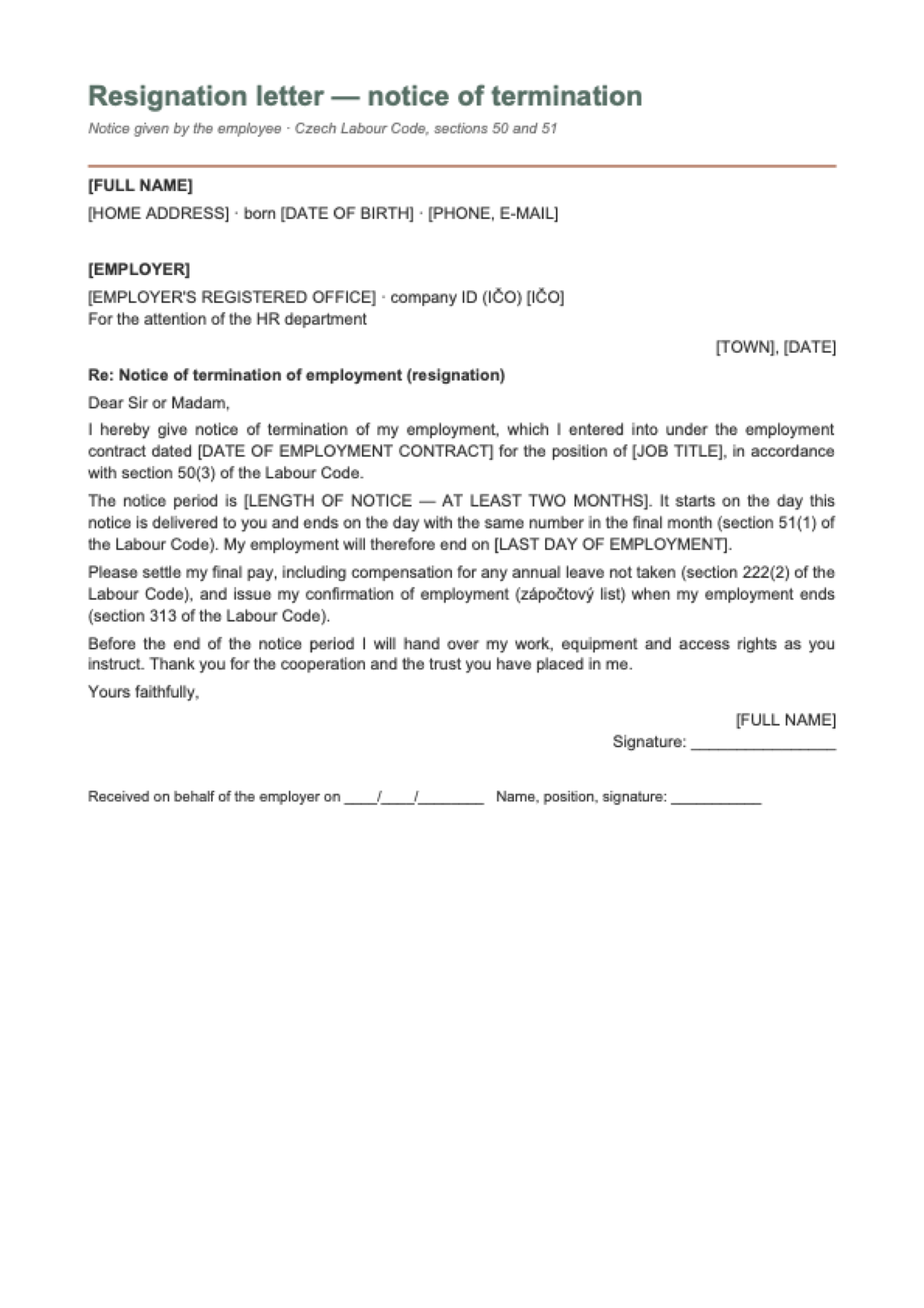 Resignation letter for the Czech Republic: first page