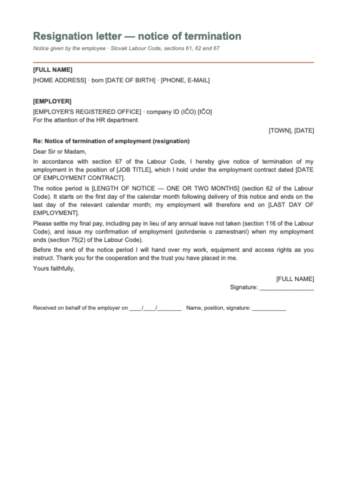 Resignation letter for Slovakia: first page
