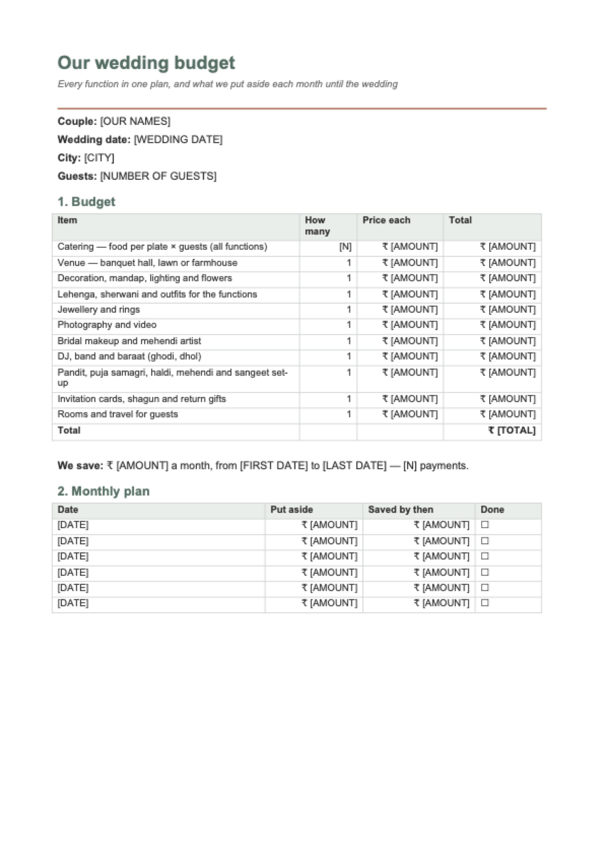 Wedding budget calculator India: first page