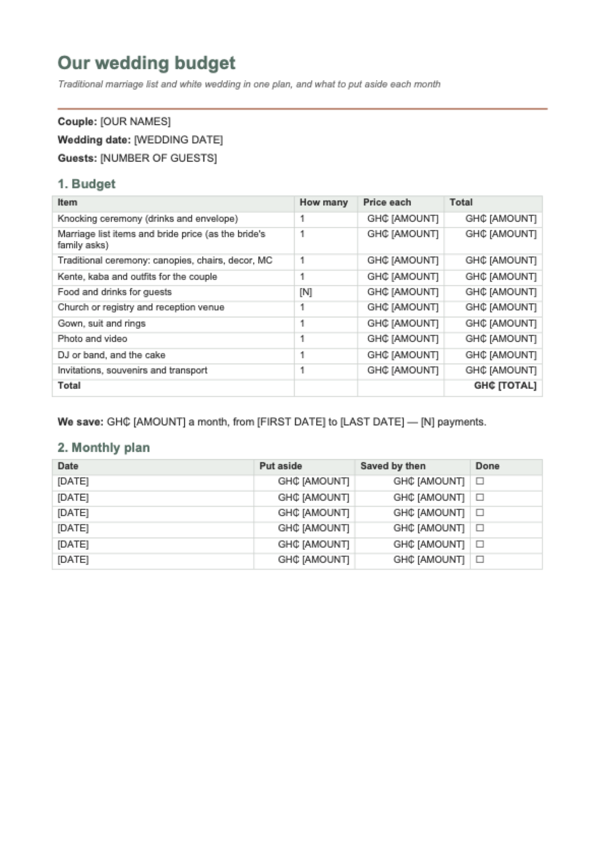 Wedding budget in Ghana: first page