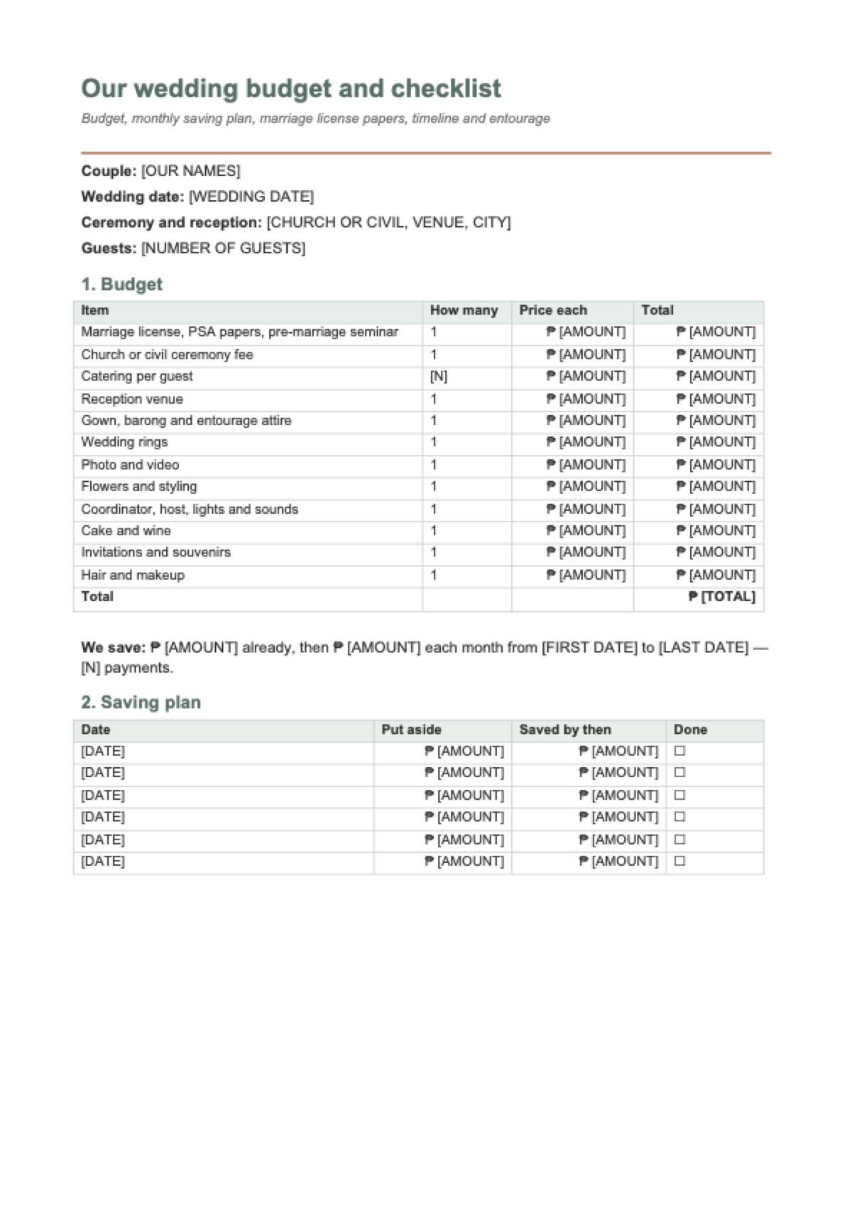 Wedding budget Philippines 2026: first page