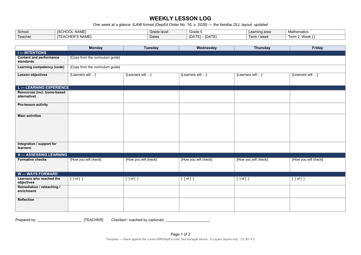 Weekly lesson log — the DLL layout in ILAW: first page