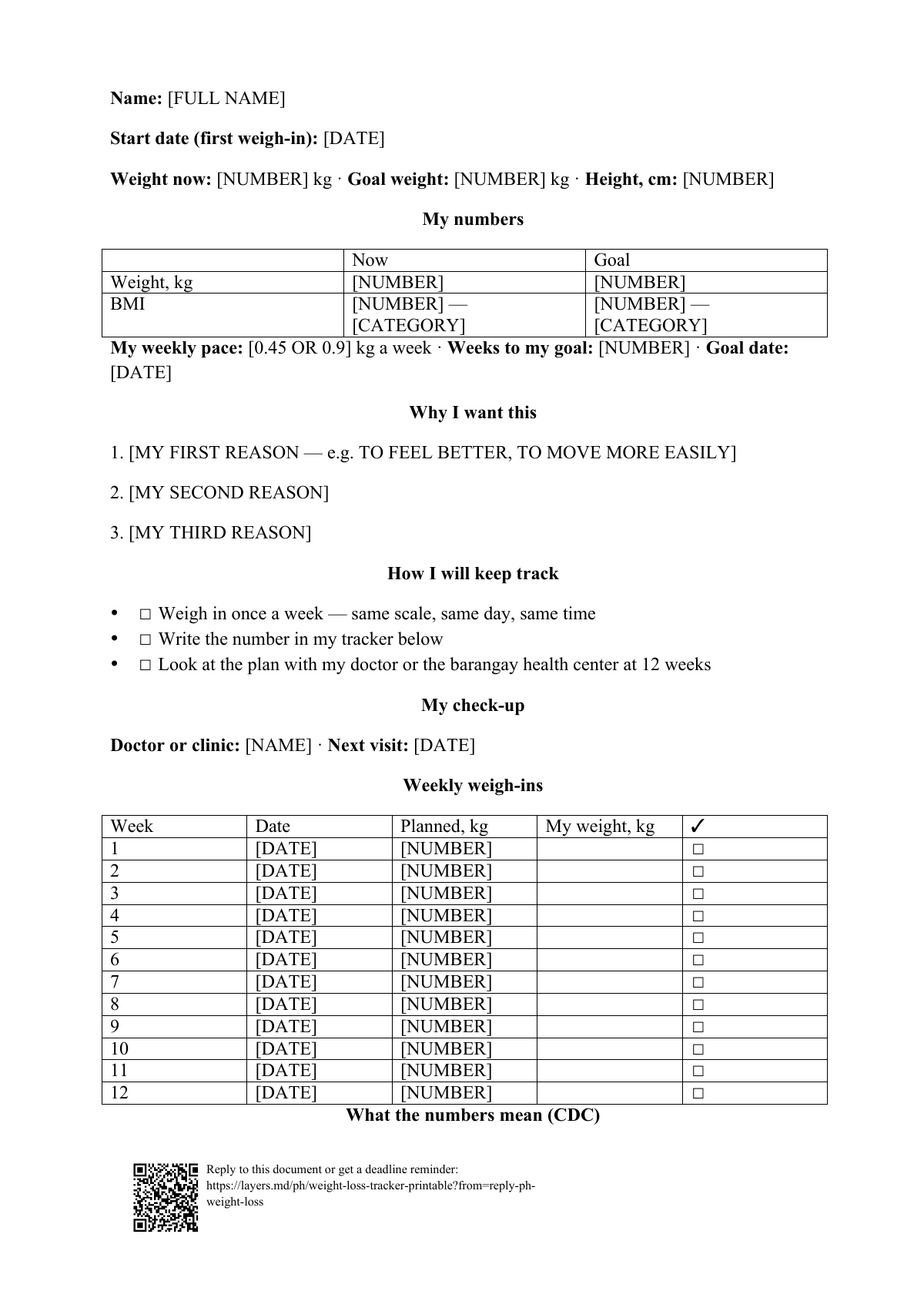 Weight loss tracker printable: first page