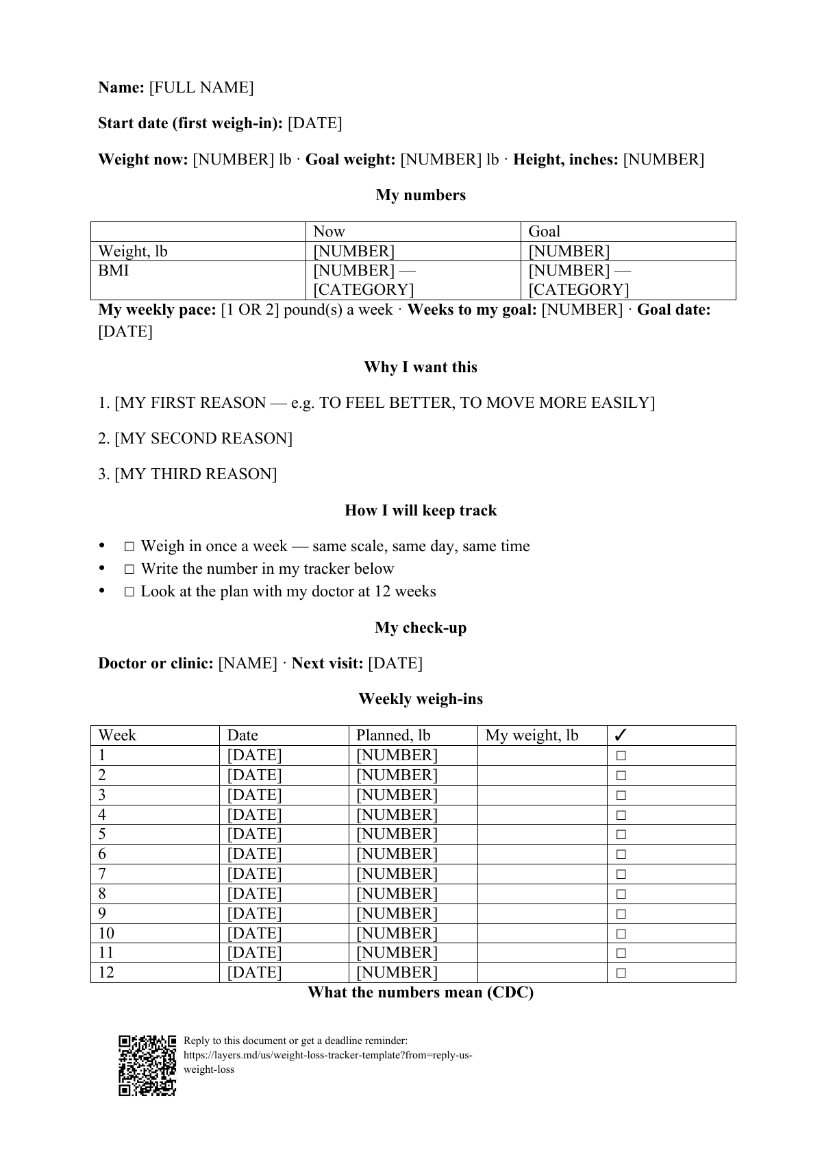 Weight loss tracker template: first page