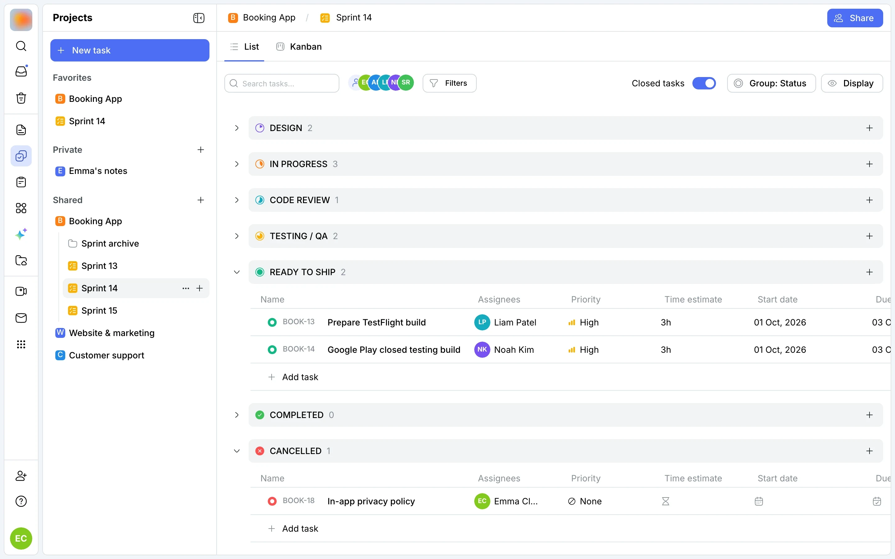 Closed tasks switched on: Ready for release, Completed and Cancelled are shown