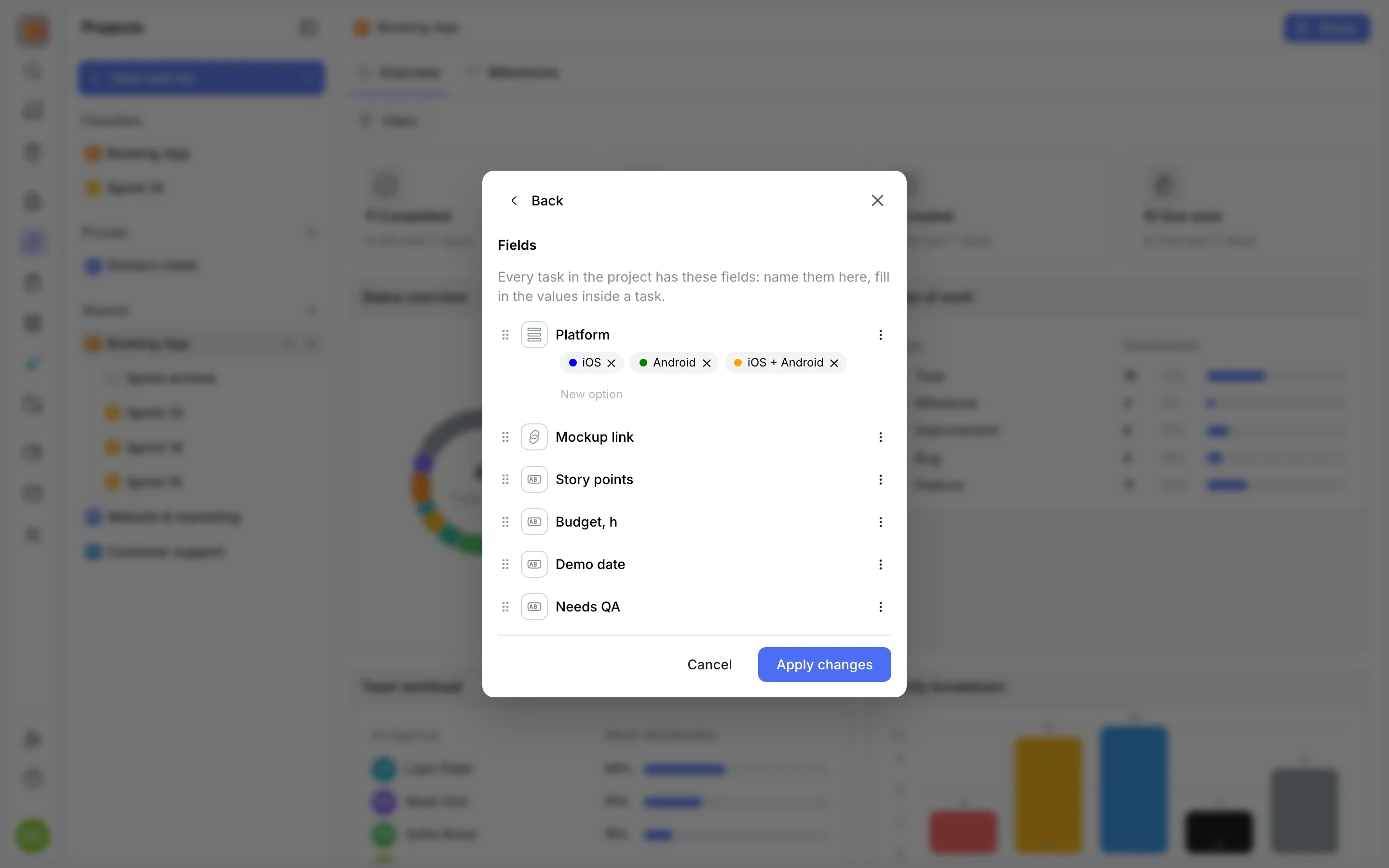 Project settings: custom fields Platform, Mockup link, Story points, Budget