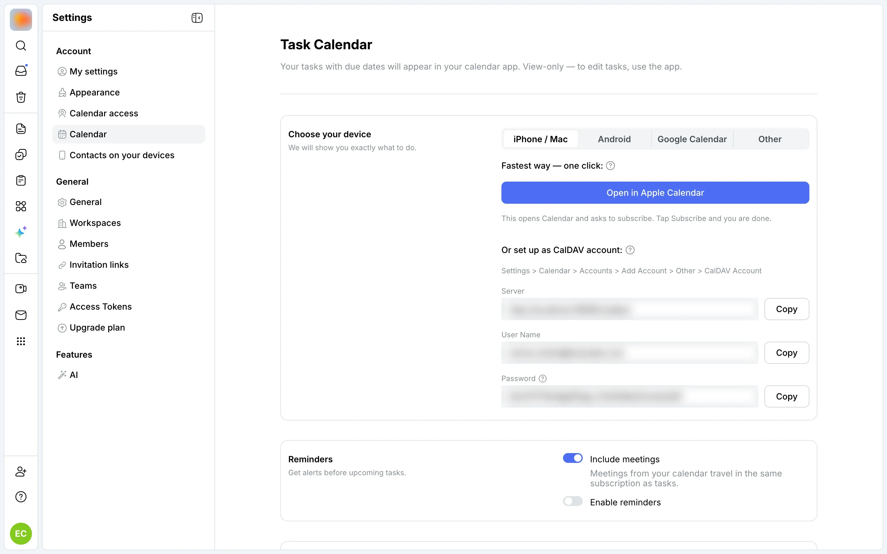 Task calendar subscription: Apple, Google Calendar, CalDAV