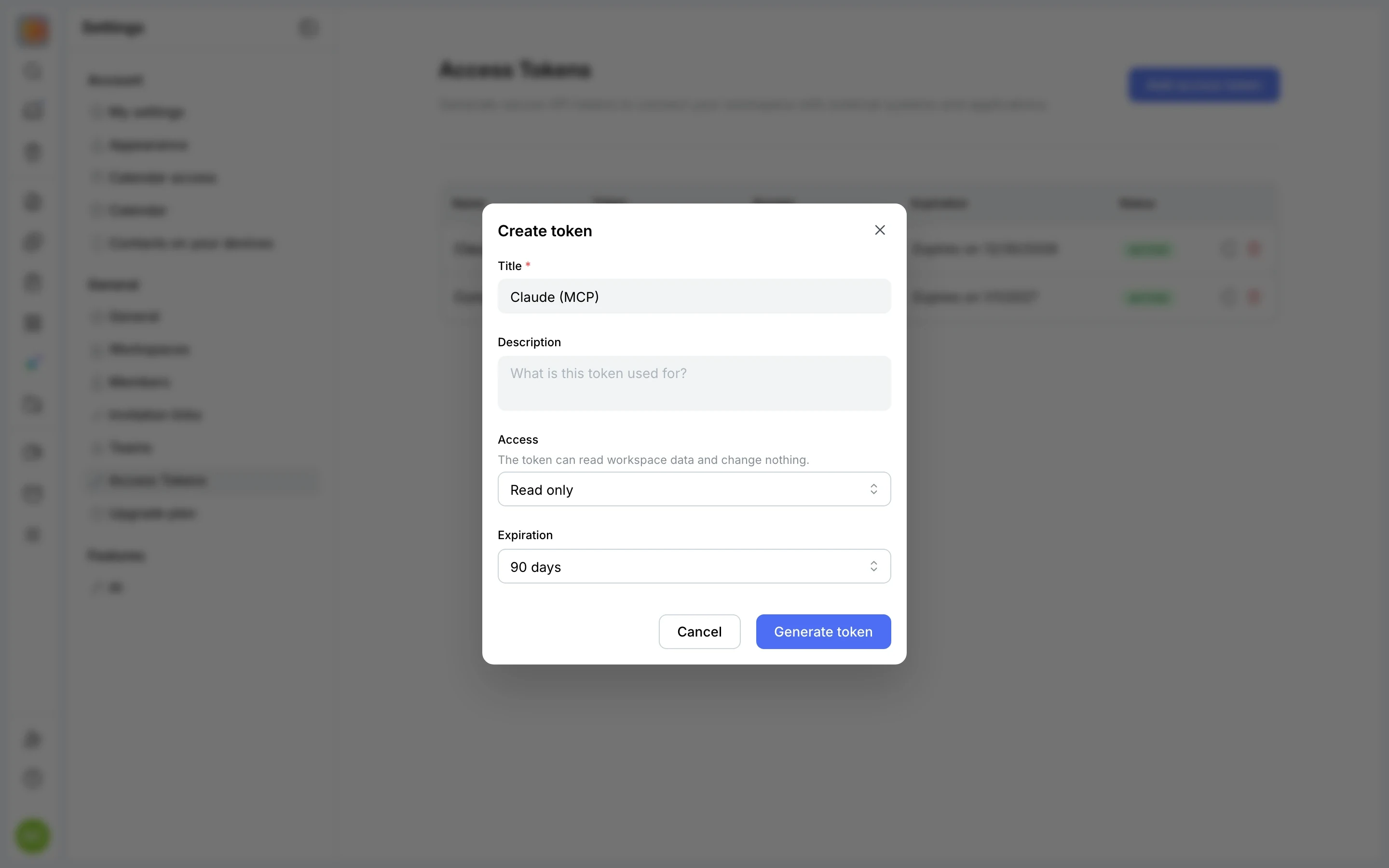 Settings → Access tokens: the Claude (MCP) token