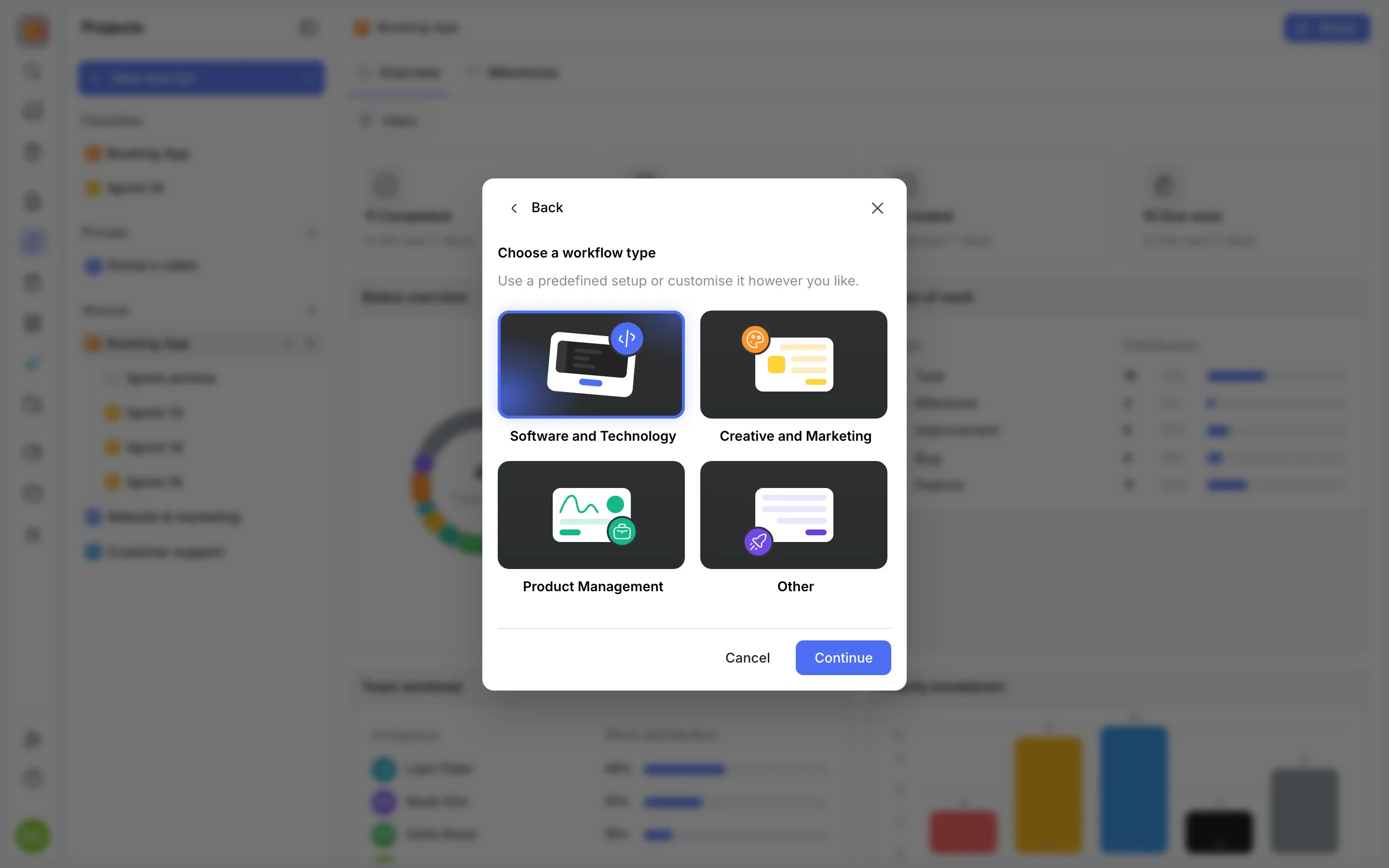 Project wizard: choosing a workflow type