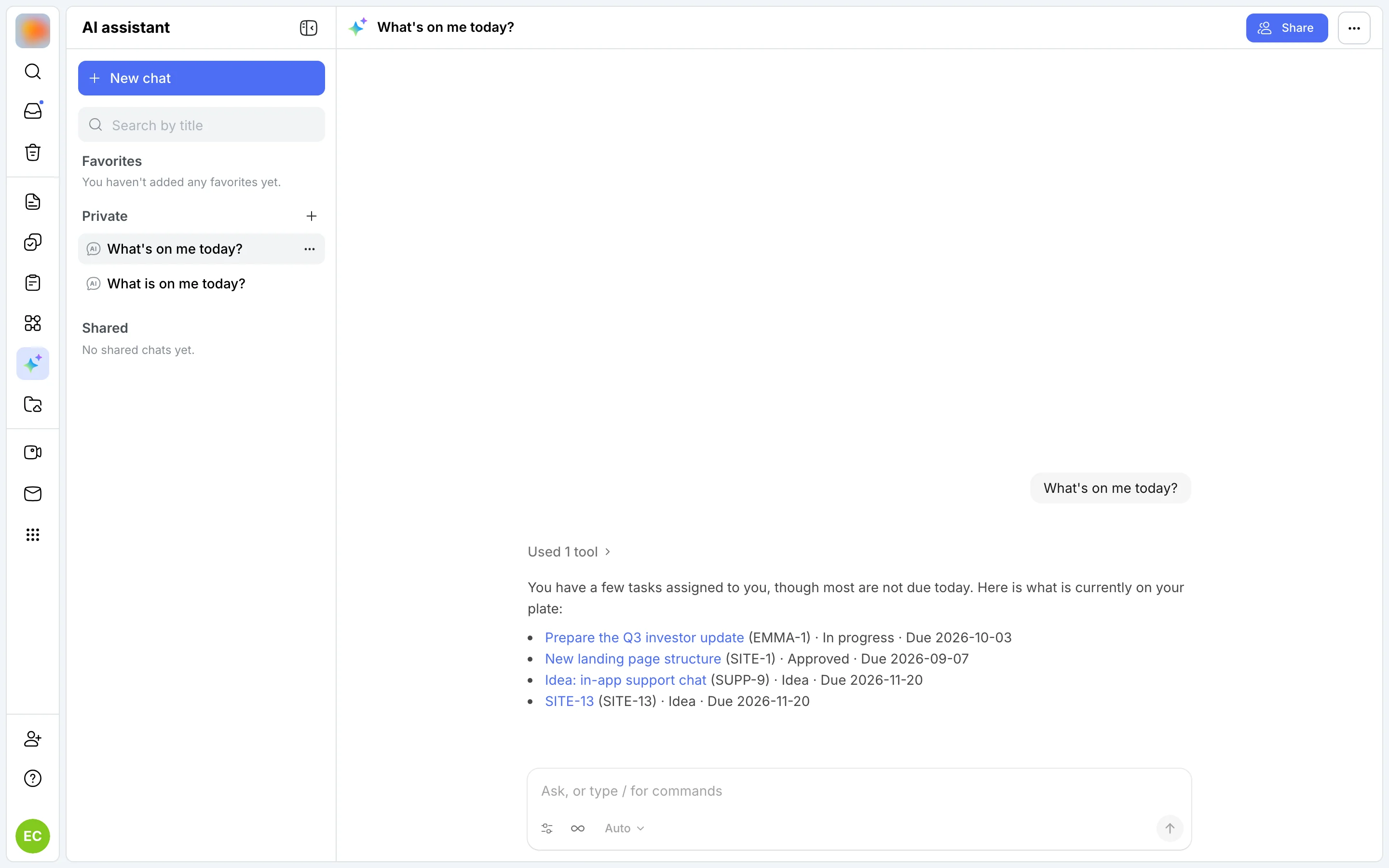 AI assistant: a greeting and the prompts What is on me today, Overdue tasks, Sprint summary, Who is doing what