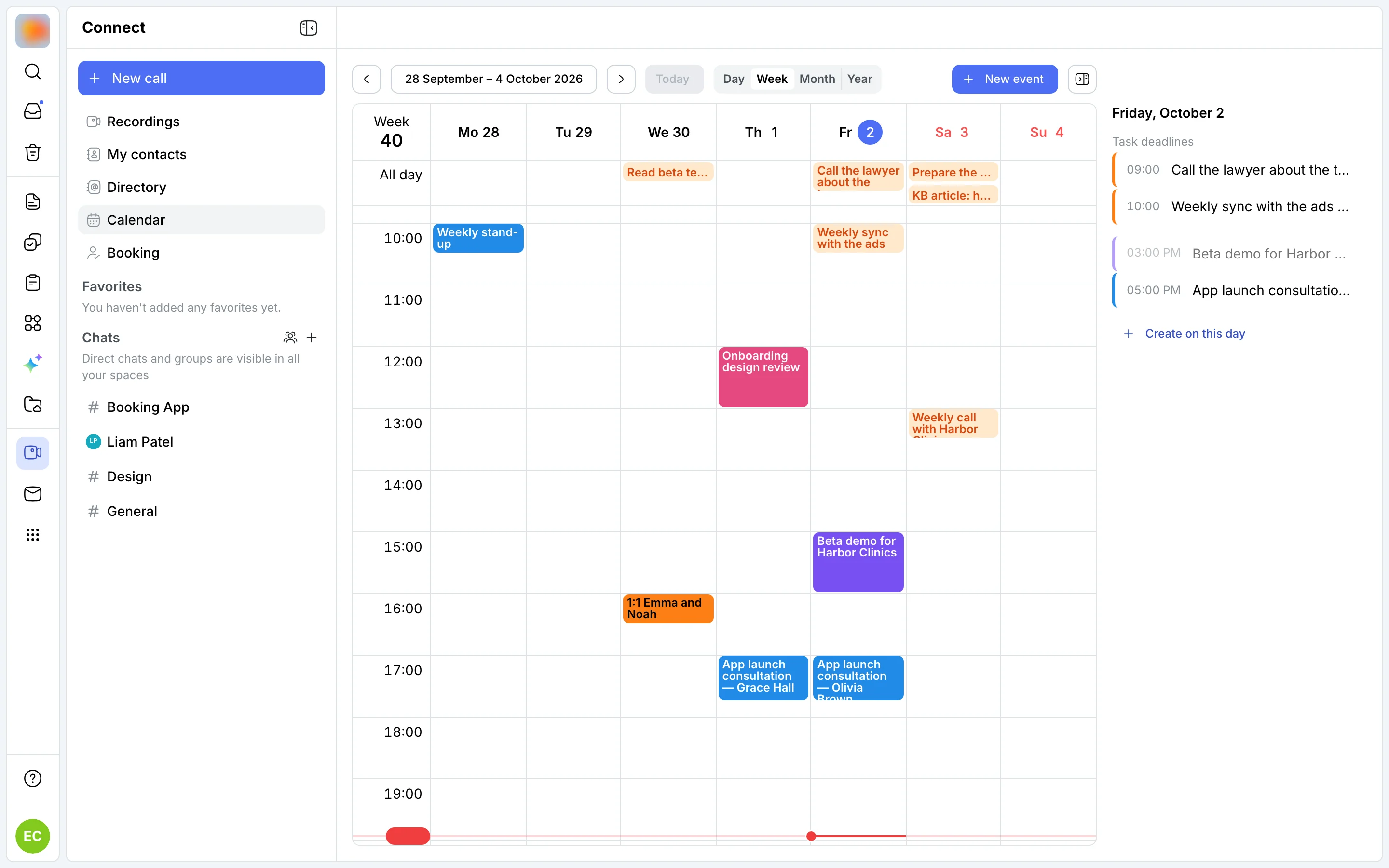 Calendar: a week of meetings and task due dates, the selected day on the right
