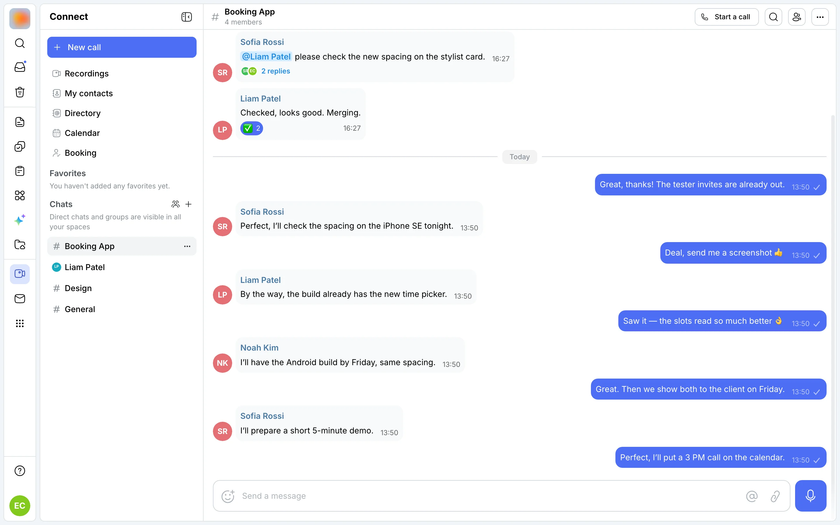 The Booking App group chat: messages with reactions, a mention and thread replies