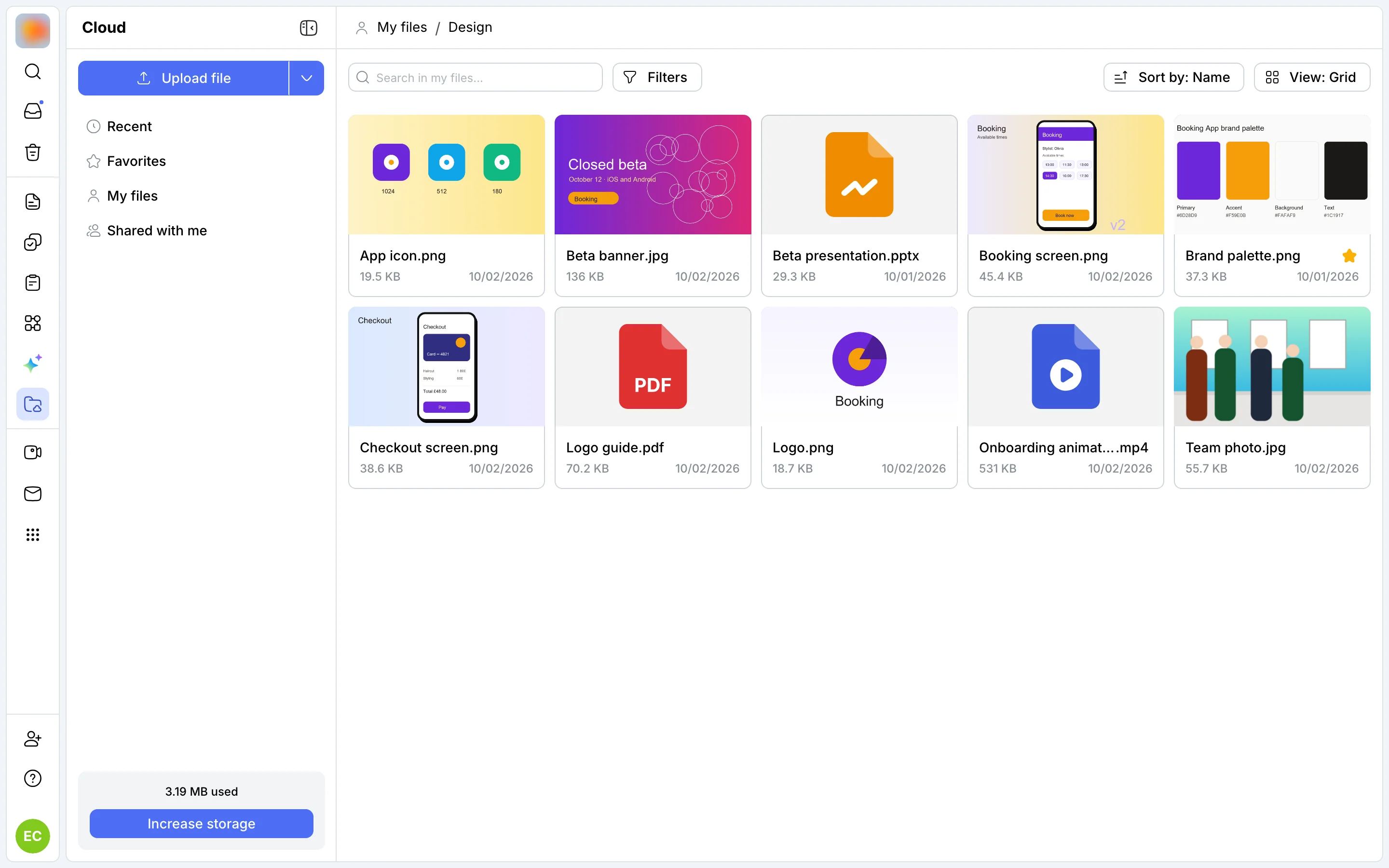 Cloud: the Design folder as a grid with file thumbnails