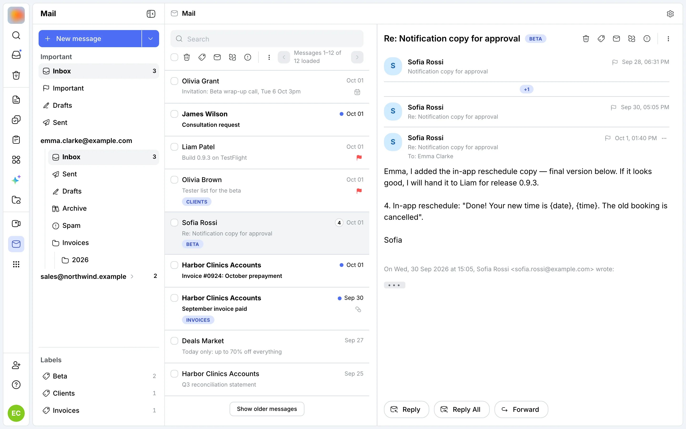 Mail: two mailboxes, folders and labels, the inbox and an open thread