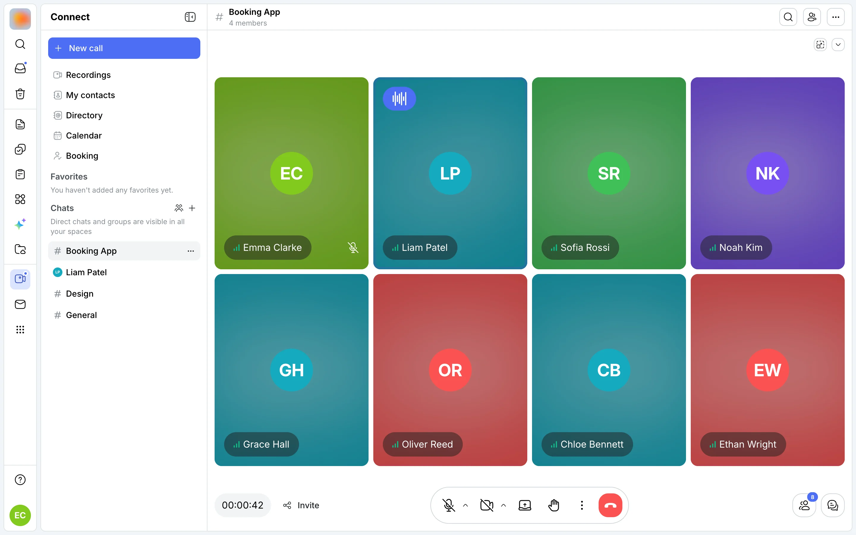 A Booking App group call in progress: eight tiles with names, a voice badge on the speakers, the call bar below