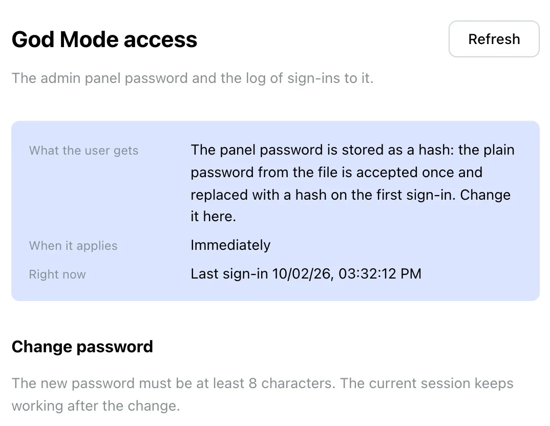 Panel access: the password is stored as a hash, change password