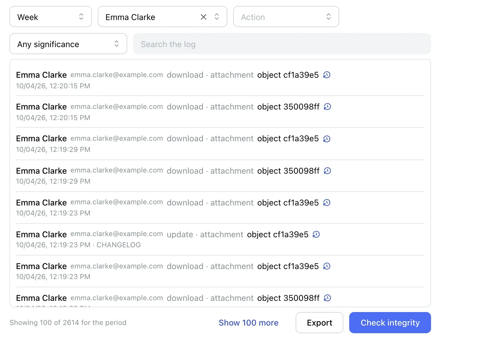The bottom of the log: Export and Check integrity