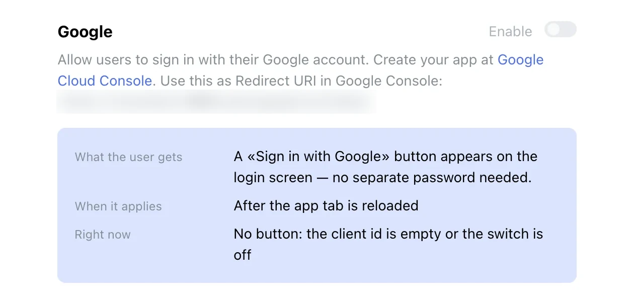 Google sign-in method: the Enable switch, what the user gets and the Now line