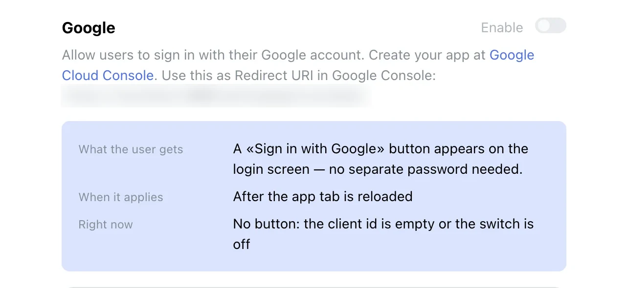Google sign-in method: the Enable switch, what the user gets and the Now line
