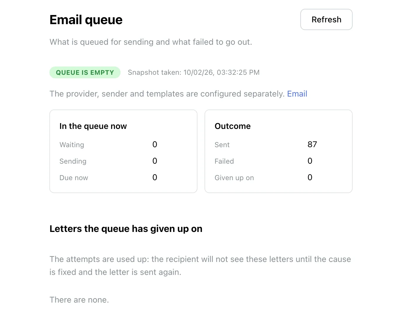 Email queue: waiting, sent, failed