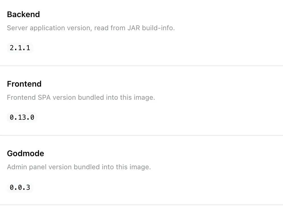 System status: Backend, Frontend and Godmode versions