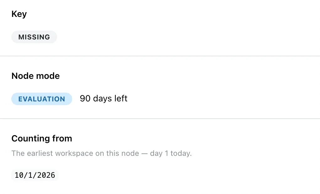 License: no key yet, the node runs the evaluation and shows the days left