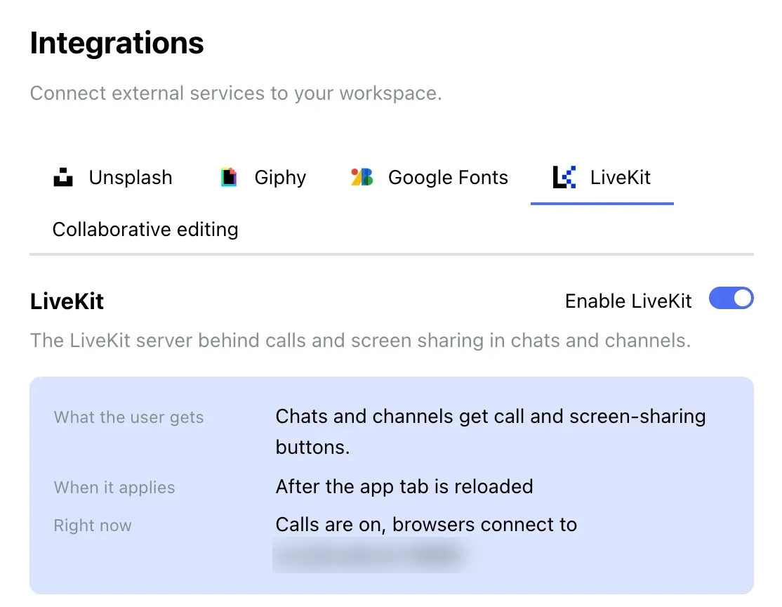Integrations → LiveKit: calls and screen sharing in chats