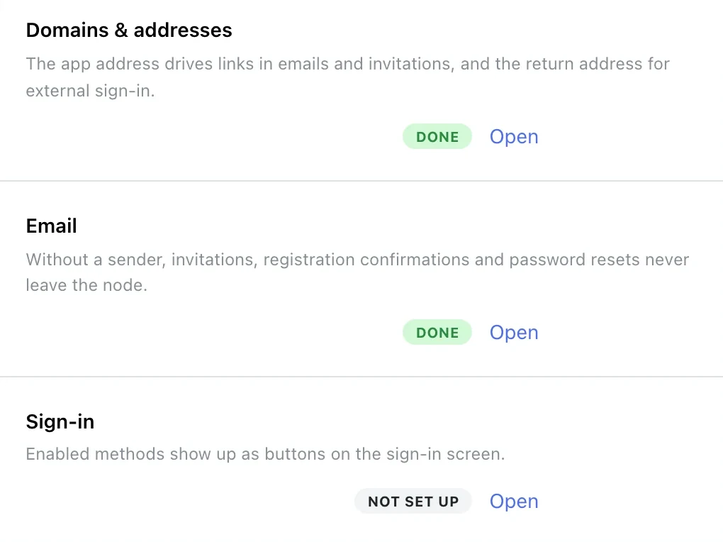Getting started: domains, email and sign-in with their done and not set up marks