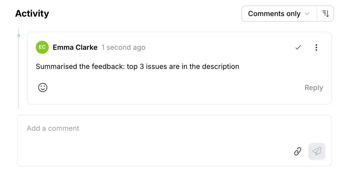 Task activity: a comment summarising the feedback, posted as Emma Clarke