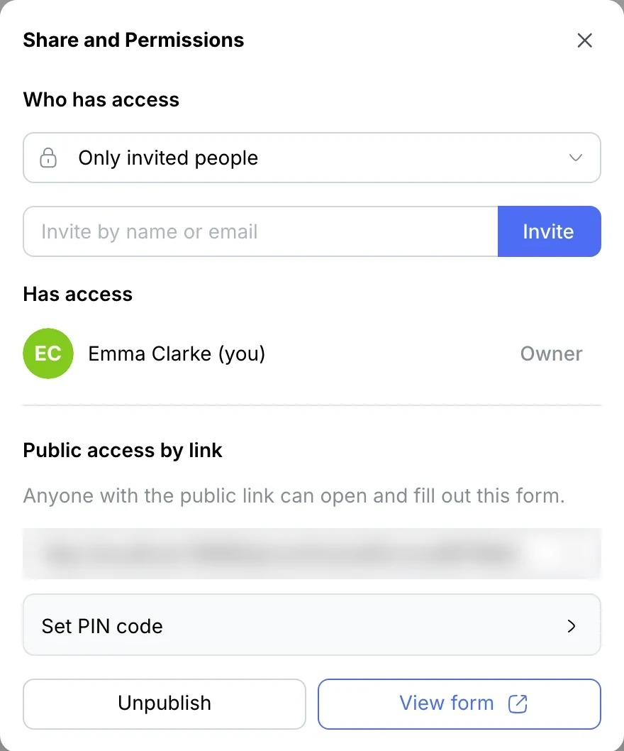 Share and permissions: public link access, Unpublish, Open form