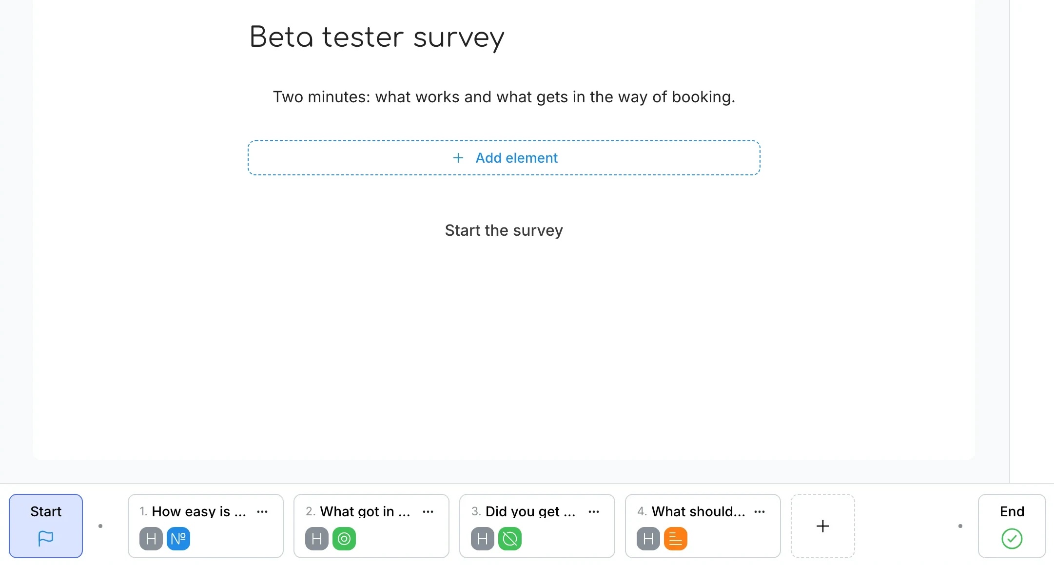 Beta tester survey form: start screen and a strip of four question steps