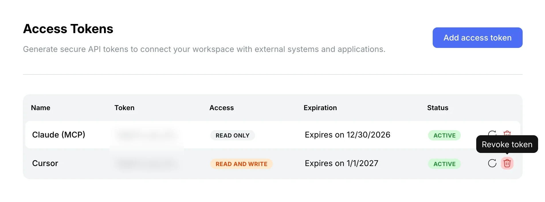 Access tokens: Claude (MCP) read only, Cursor read and write, expiry dates, Active status and the Revoke token tooltip